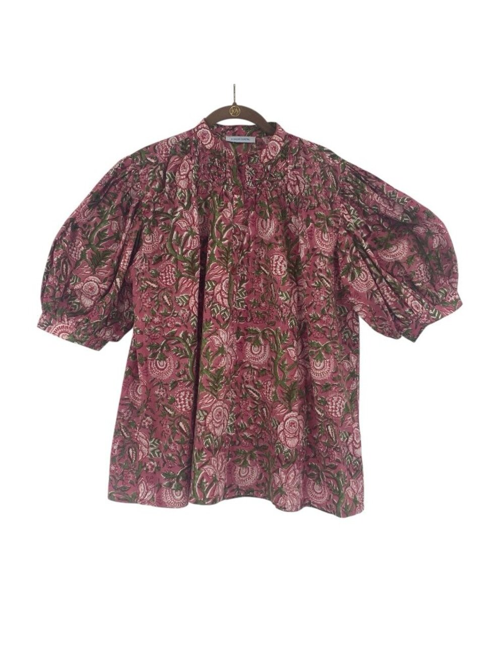 Le Bazar Coastal Size L Blouse Puff Sleeve Boho Block Print Floral Pink Green